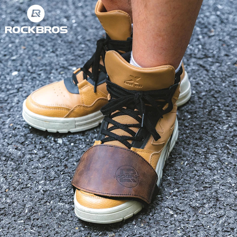 ROCKBROS leather motorcycle boots with brown strap shift lever cover, tan and black high-top on Tampa Home & Garden Store