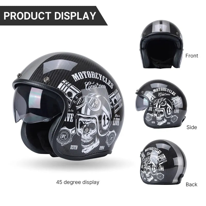 Carbon Fiber Retro Open-Face Helmet by BikerZoneZ with skull graphic on Tampa Home & Garden Store