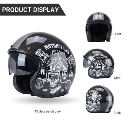 Carbon Fiber Retro Open-Face Helmet by BikerZoneZ with skull graphic on Tampa Home & Garden Store