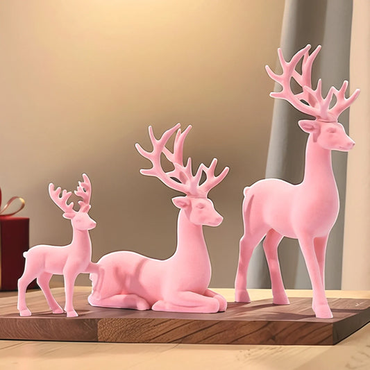 Pink flocked reindeer trio figurines set of 3, resin Christmas decor by Perfecsy on wood tray on Tampa Home & Garden Store