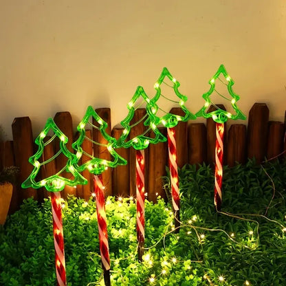 5pc solar candy tree lights on red/white candy cane stakes green LED trees outdoor on Tampa Home & Garden Store