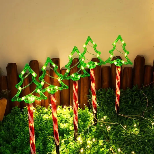 5pc solar candy tree lights on red/white candy cane stakes green LED trees outdoor on Tampa Home & Garden Store