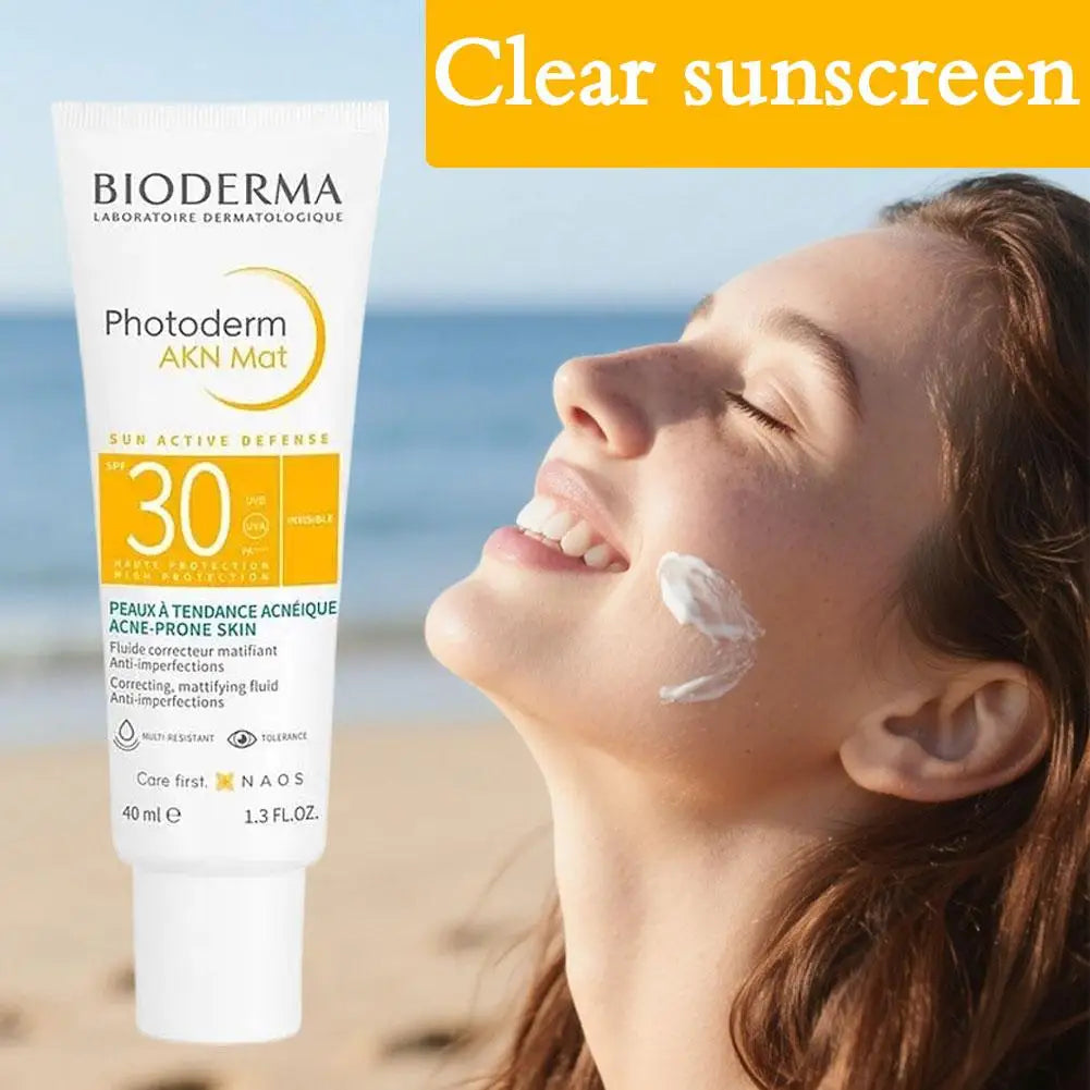 Bioderma Photoderm AKN Mat sunscreen SPF30 tube for acne-prone skin on a sunny beach on Tampa Home & Garden Store