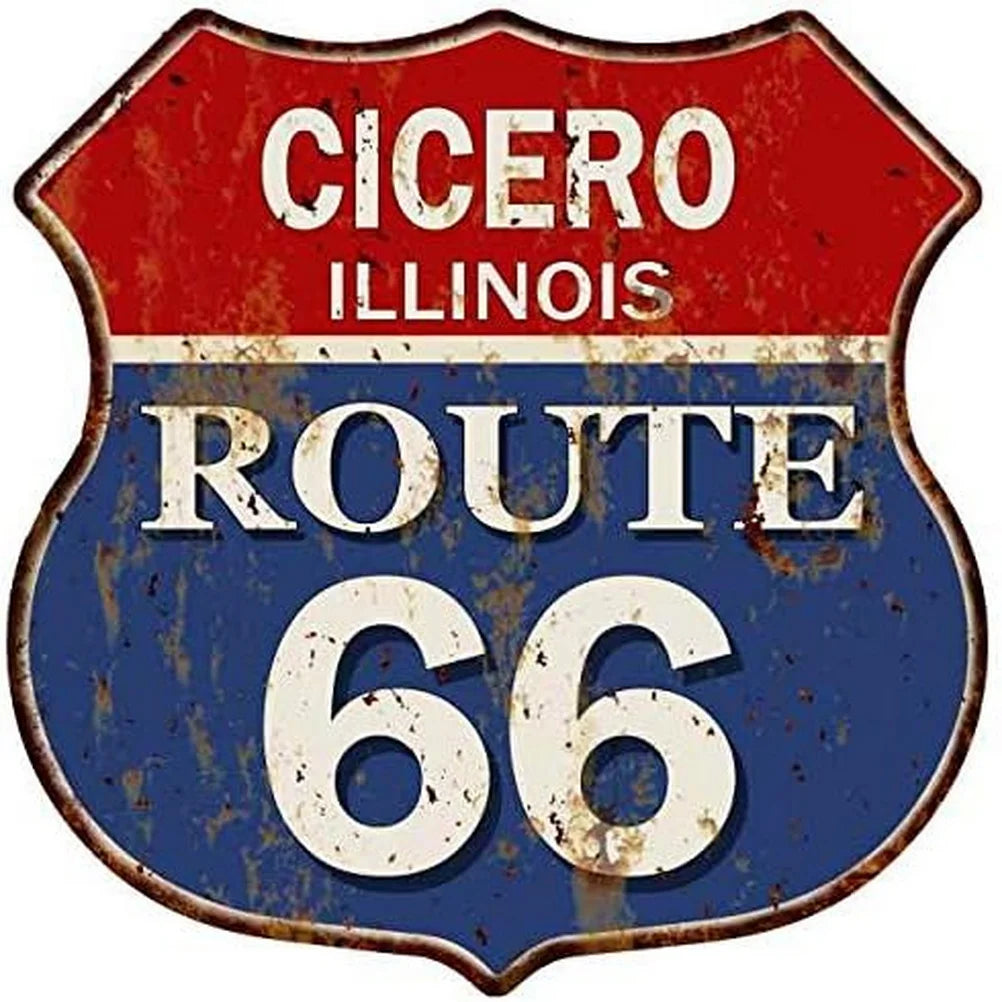 Route 66 shield tin sign with Cicero Illinois and distressed red blue vintage look on Tampa Home & Garden Store