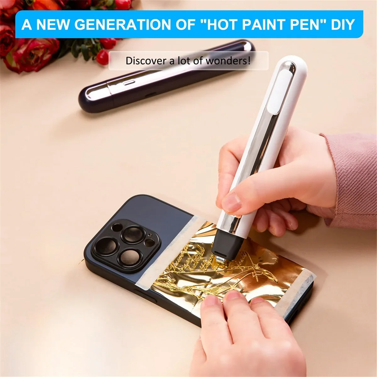 Cordless Mini Heat Press by UpTrend Deals applying gold foil transfer to smartphone case on Tampa Home & Garden Store