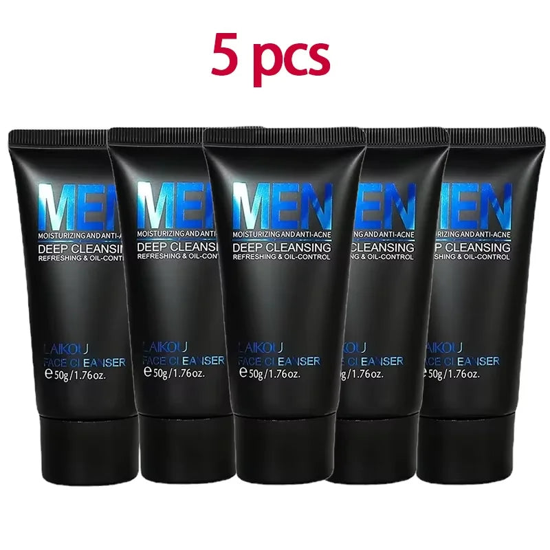 LAIKOU men facial cleanser tubes in black with blue MEN text, 5 pcs, 50g each for deep cleansing on Tampa Home & Garden Store