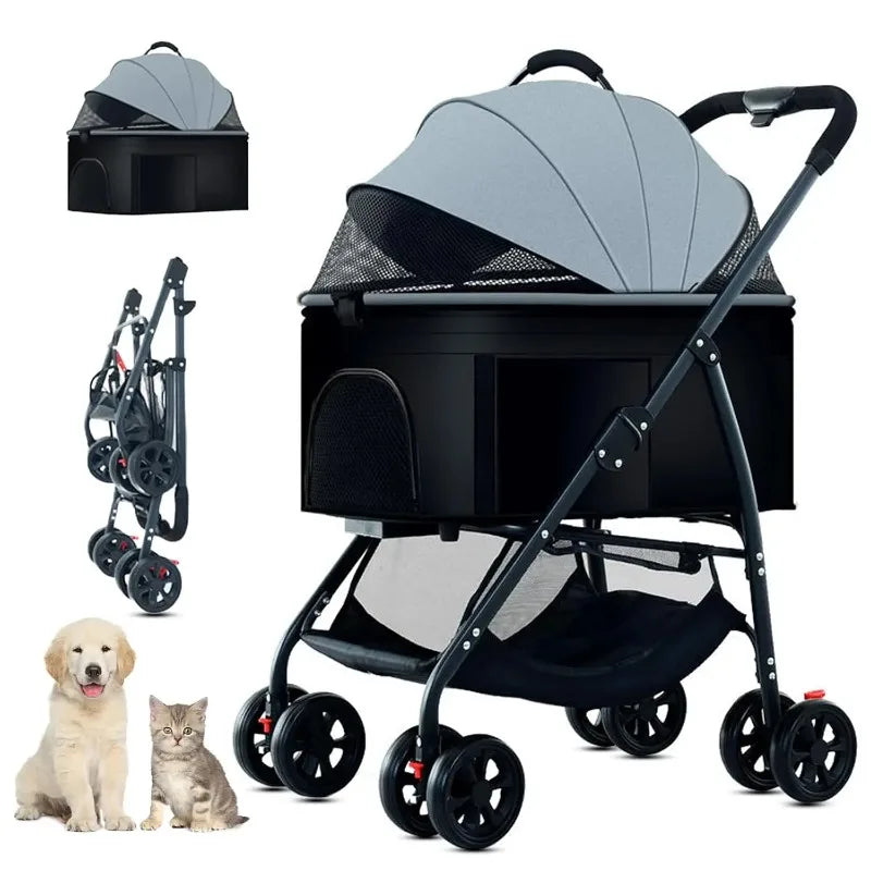 Pet Zen 3-in-1 dog stroller with removable carrier, black frame, grey canopy on Tampa Home & Garden Store