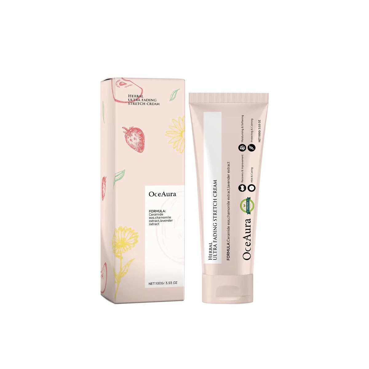 Ocean Aura stretch cream tube with pink floral box featuring strawberry and yellow flowers on Tampa Home & Garden Store