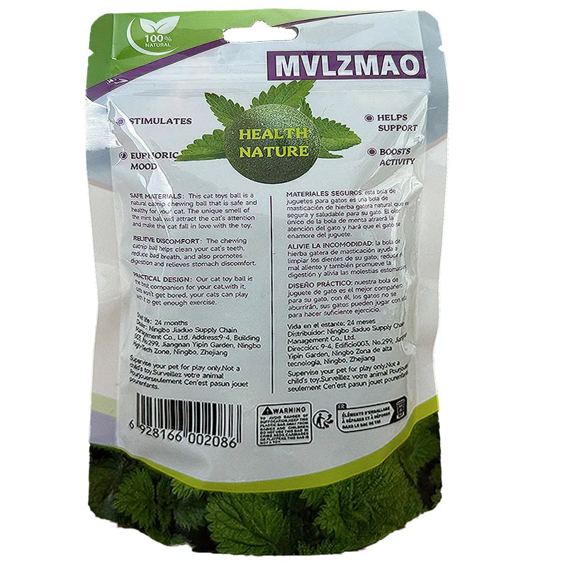 Catnip ball edible cat toy by FLIPSTYLEZLLC with mint leaves on back packaging natural on Tampa Home & Garden Store