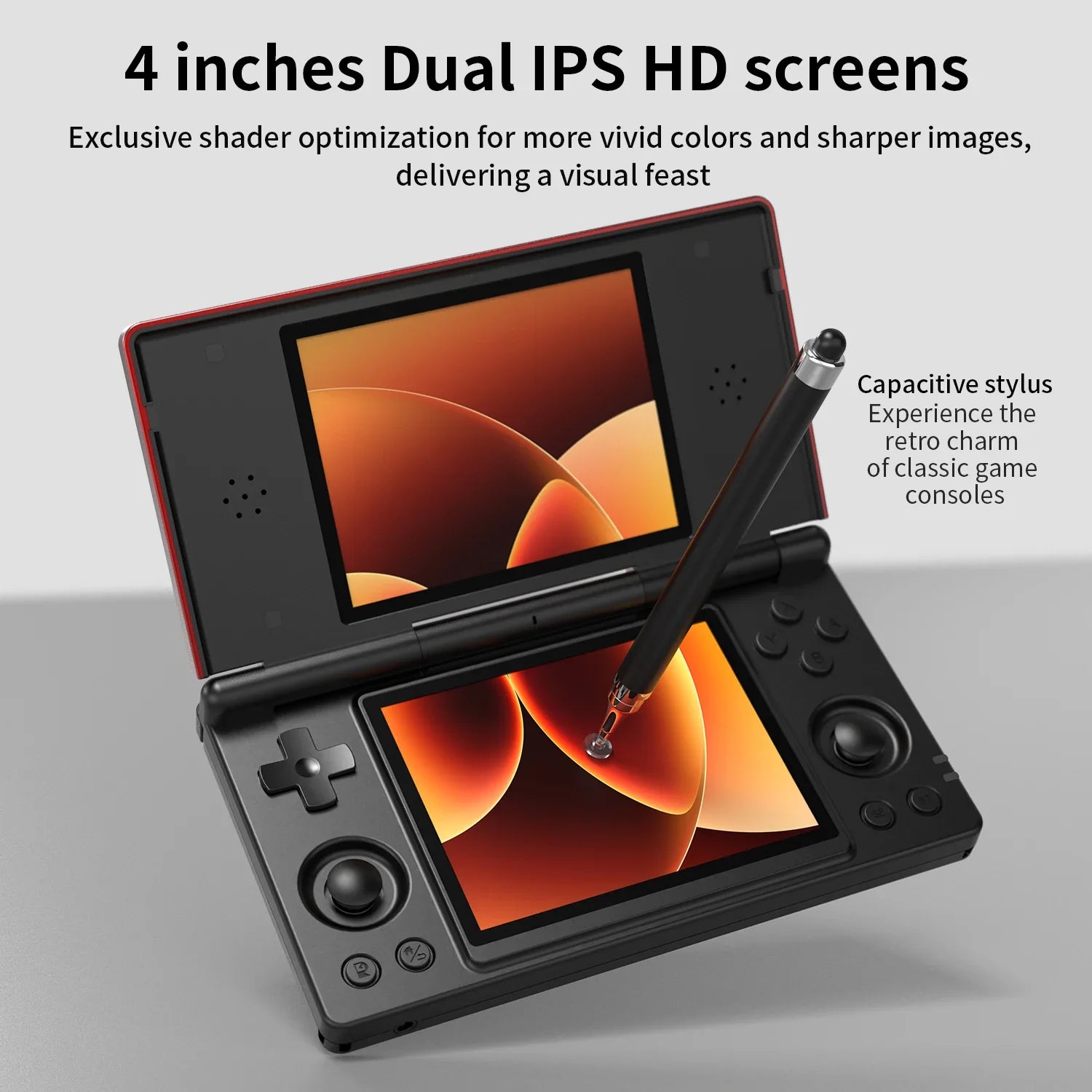 Anbernic RG DS Flip handheld console, black with red trim, 4-inch IPS dual screens, stylus on Tampa Home & Garden Store