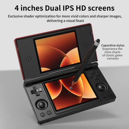 Anbernic RG DS Flip handheld console, black with red trim, 4-inch IPS dual screens, stylus on Tampa Home & Garden Store