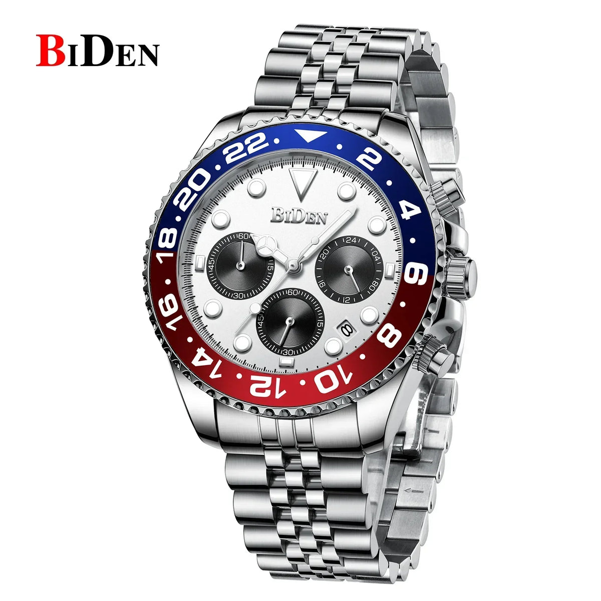 Men's luxury quartz dress watch with stainless steel bracelet and blue-red bezel BIDEN dial on Tampa Home & Garden Store