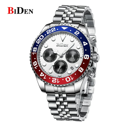 Men's luxury quartz dress watch with stainless steel bracelet and blue-red bezel BIDEN dial on Tampa Home & Garden Store