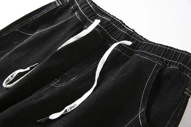 Men Wide Leg Jeans black denim with white drawstrings UpTrend Deals baggy vintage streetwear on Tampa Home & Garden Store