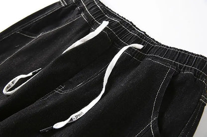 Men Wide Leg Jeans black denim with white drawstrings UpTrend Deals baggy vintage streetwear on Tampa Home & Garden Store