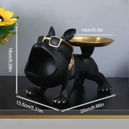 Perfecsy resin bulldog statue with zinc dish, black finish, desk decor figurine, key tray on Tampa Home & Garden Store