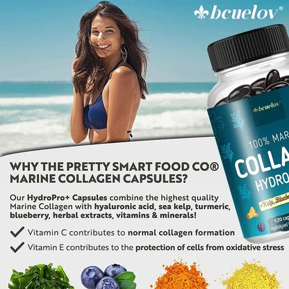 HydroPro marine collagen capsules bottle by Silcy Skin on beach with model in blue bikini on Tampa Home & Garden Store