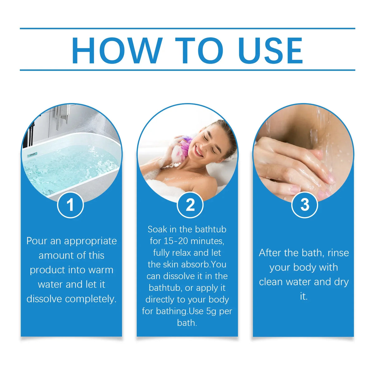 Silcy Skin Epsom Salt magnesium sulfate how-to steps in blue panels: pour, soak, rinse on Tampa Home & Garden Store