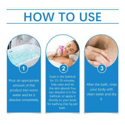 Silcy Skin Epsom Salt magnesium sulfate how-to steps in blue panels: pour, soak, rinse on Tampa Home & Garden Store