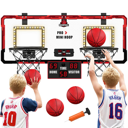 Double kids basketball hoop set with wall frame and hanging backboards, LED-lit rims on Tampa Home & Garden Store