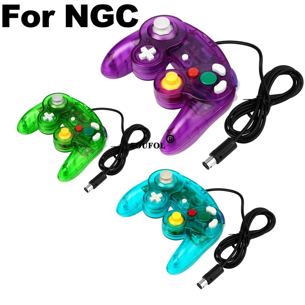 Set of three translucent wired GameCube controllers by FLIPSTYLEZLLC in purple, green, and blue on Tampa Home & Garden Store