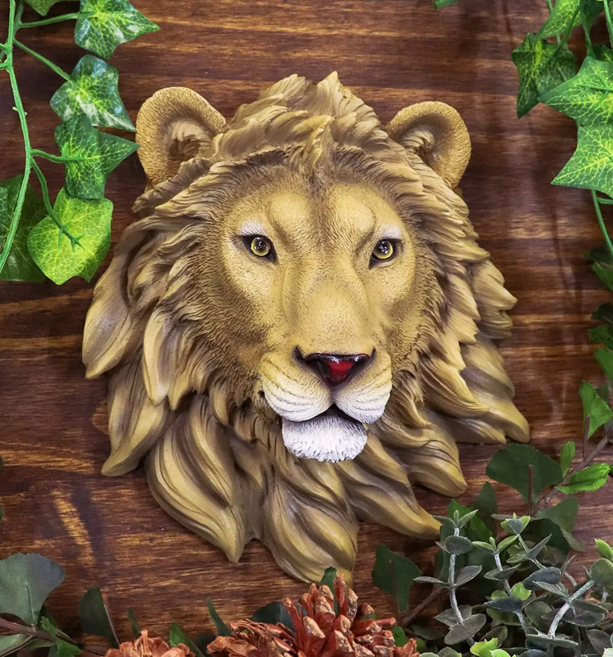 Lion head wall decor sculpture with a detailed mane in warm beige tones on Tampa Home & Garden Store