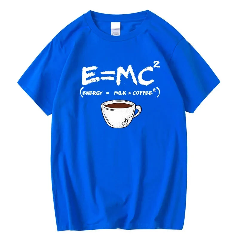 Men's blue cotton T-shirt with E=MC2 energy = milk x coffee graphic coffee cup UpTrend Deals on Tampa Home & Garden Store