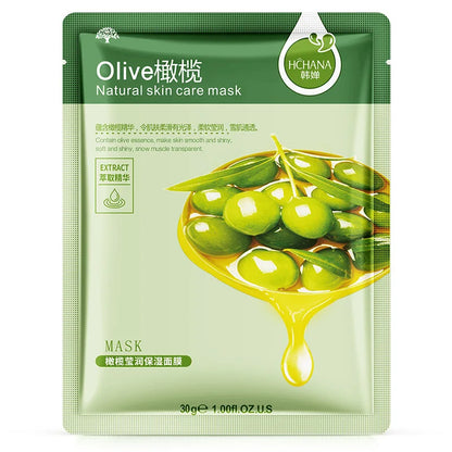 Olive extract natural skin care mask sheet in green packaging with olives and olive oil drizzle on Tampa Home & Garden Store