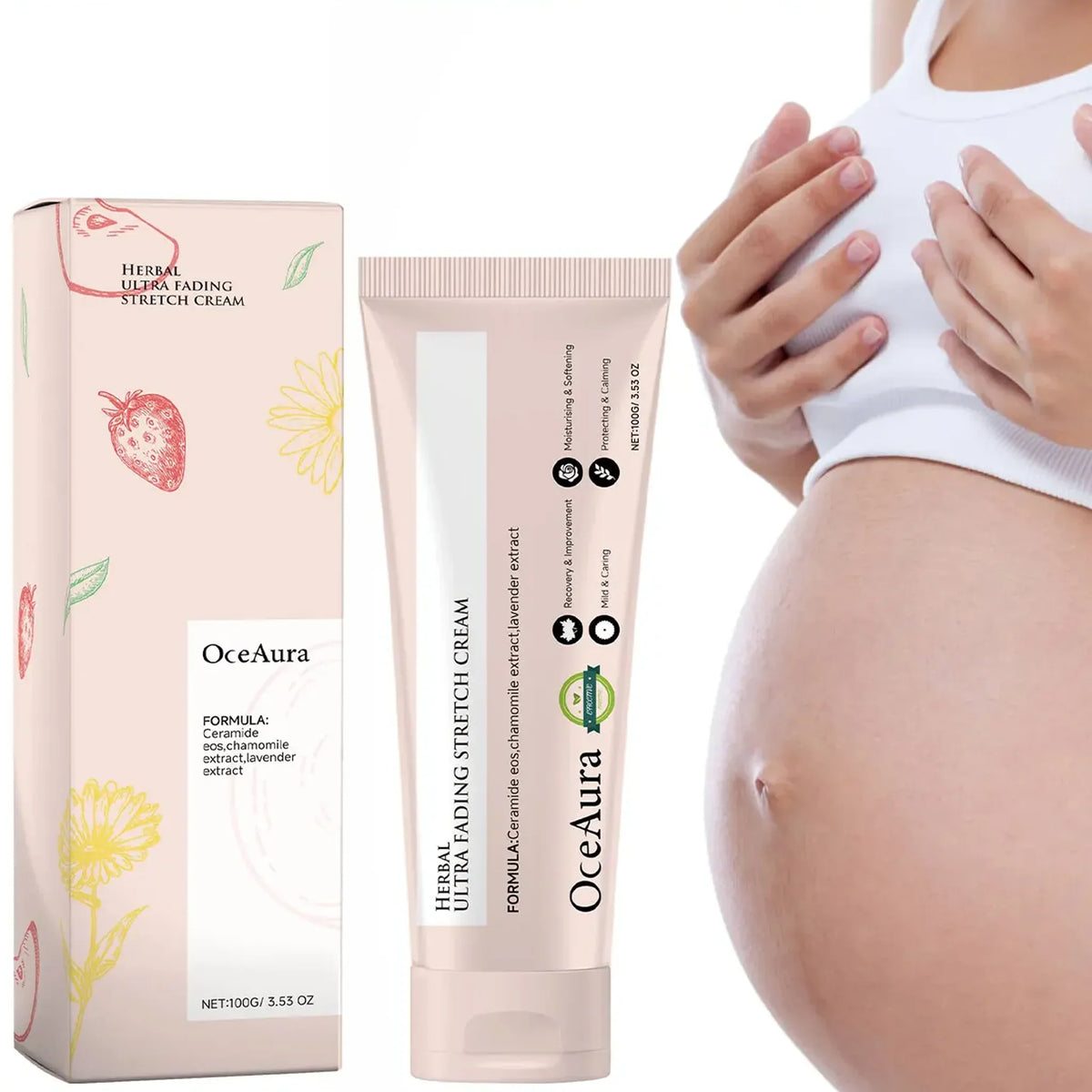 Silcy Skin pregnancy stretch marks removal cream with pink herbal box and tube beside model on Tampa Home & Garden Store