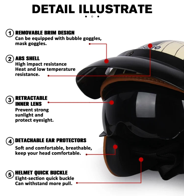 Vintage open-face motorcycle helmet by BikerZoneZ with ABS shell and retractable inner lens on Tampa Home & Garden Store