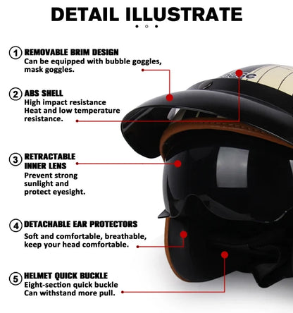 Vintage open-face motorcycle helmet by BikerZoneZ with ABS shell and retractable inner lens on Tampa Home & Garden Store