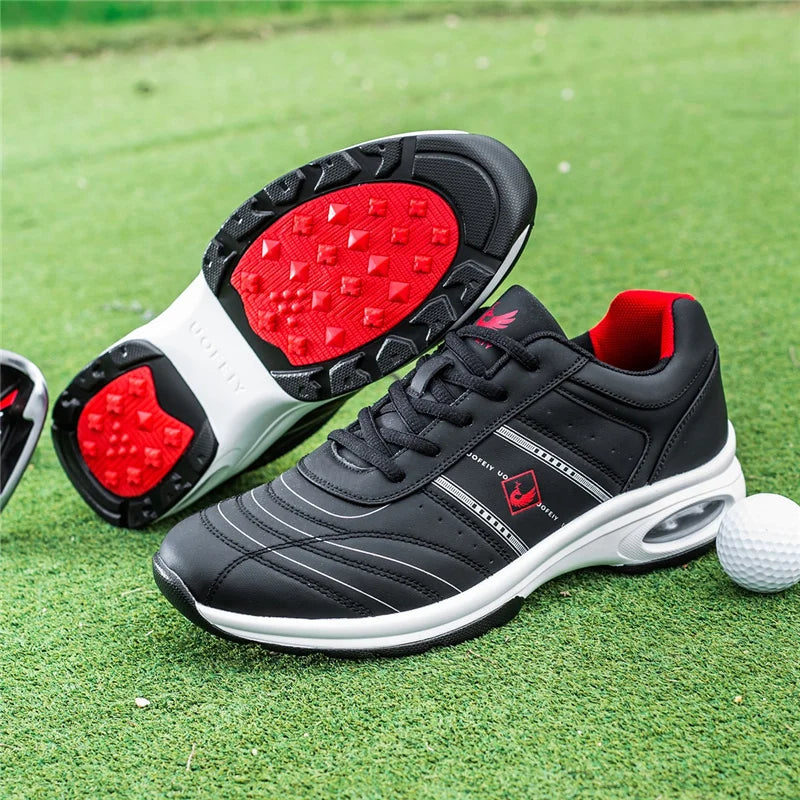 Men's EstaliosFit golf shoes waterproof black with red outsole studs and white midsole on Tampa Home & Garden Store