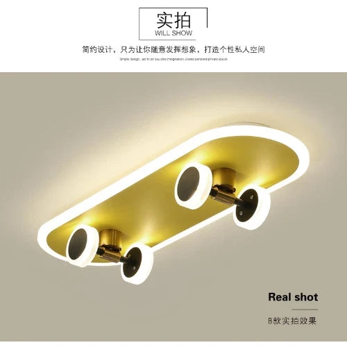 Decorbites Kids skateboard LED ceiling light in yellow with white wheels for modern kids rooms on Tampa Home & Garden Store