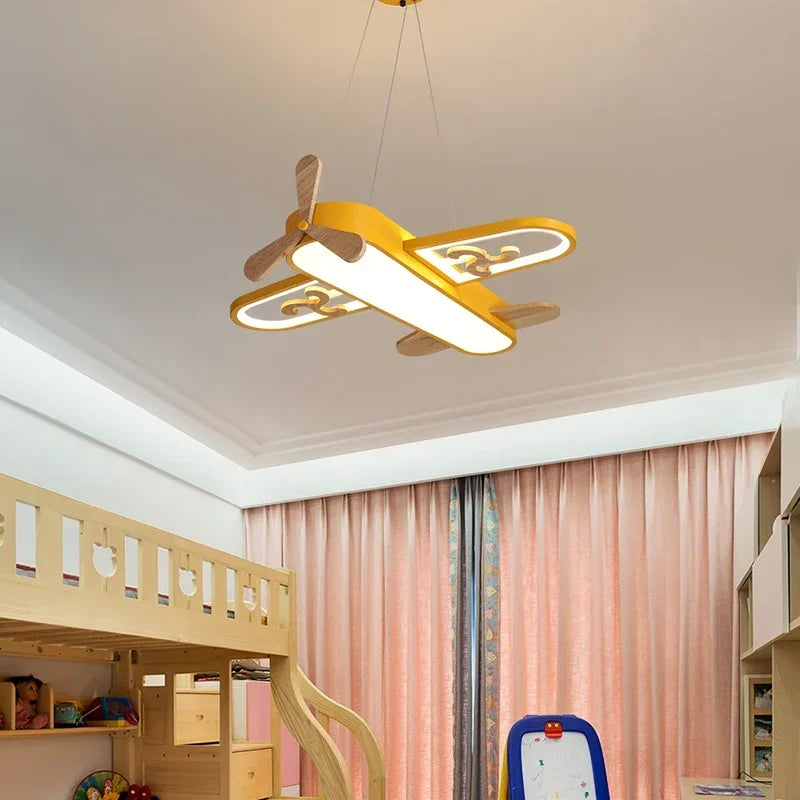DecorBites Kids LED Wood Ceiling Light, yellow & blue airplane-inspired wooden fixture on Tampa Home & Garden Store