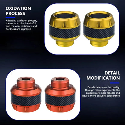 4PCS Motorcycle Front Fork Slider Cups by BikerZoneZ in gold & red anodized alloy with carbon fiber on Tampa Home & Garden Store