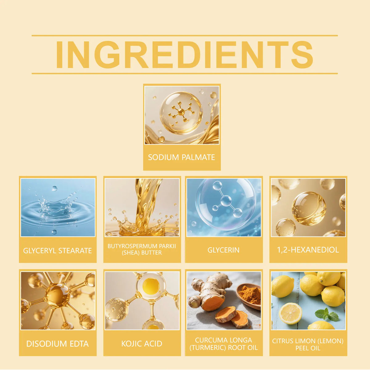Lemon Turmeric Kojic Acid Soap ingredients collage featuring sodium palmate and glycerin cards on Tampa Home & Garden Store