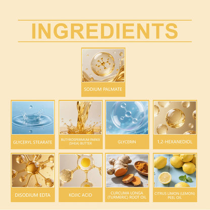 Lemon Turmeric Kojic Acid Soap ingredients collage featuring sodium palmate and glycerin cards on Tampa Home & Garden Store