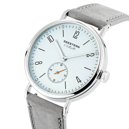 Men's ultra-thin automatic dress watch by Seestern, blue dial, grey leather strap on Tampa Home & Garden Store