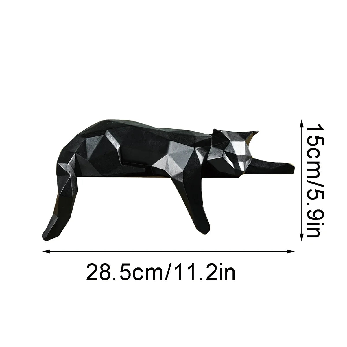 Perfecsy black cat statue with geometric faceted design, lying down for desk decor on Tampa Home & Garden Store