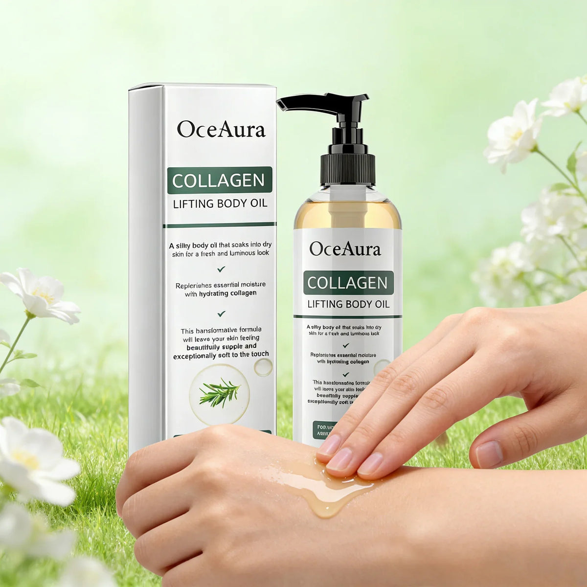 OceAura collagen lifting body oil bottle and box with white packaging and green label on Tampa Home & Garden Store