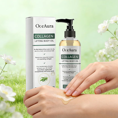 OceAura collagen lifting body oil bottle and box with white packaging and green label on Tampa Home & Garden Store