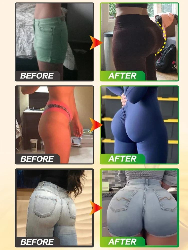 Hip Up Buttock Enlargement Cream by Silcy Skin; three sets show lifted buttocks in green shorts on Tampa Home & Garden Store