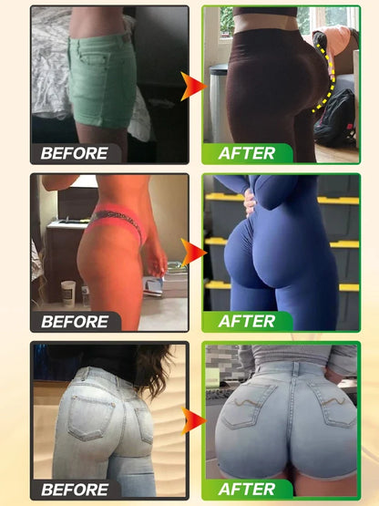 Hip Up Buttock Enlargement Cream by Silcy Skin; three sets show lifted buttocks in green shorts on Tampa Home & Garden Store