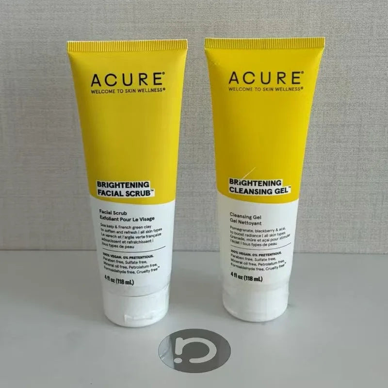 ACURE Brightening Facial Scrub and Cleansing Gel tubes in yellow, 4 oz each, two tubes on Tampa Home & Garden Store