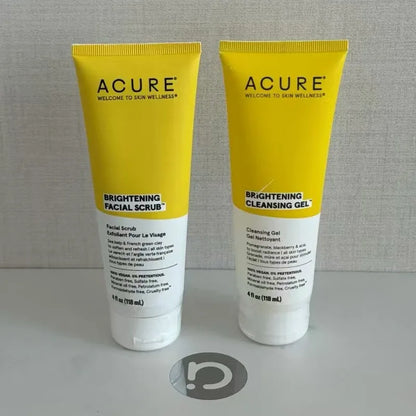 ACURE Brightening Facial Scrub and Cleansing Gel tubes in yellow, 4 oz each, two tubes on Tampa Home & Garden Store