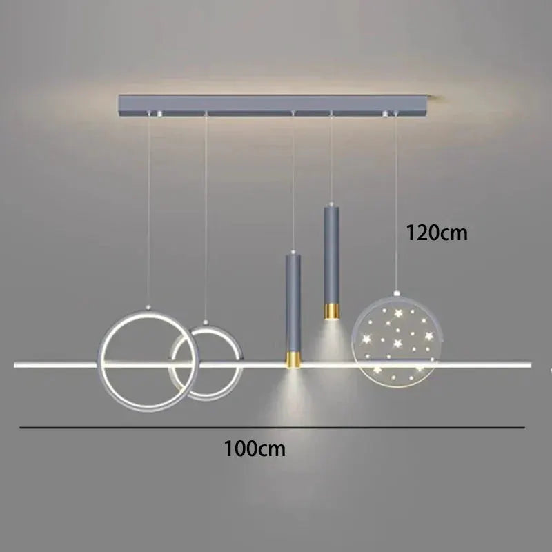 DecorBites LED pendant chandelier with modern metal rings and blue-gray cylinders, 120cm height on Tampa Home & Garden Store