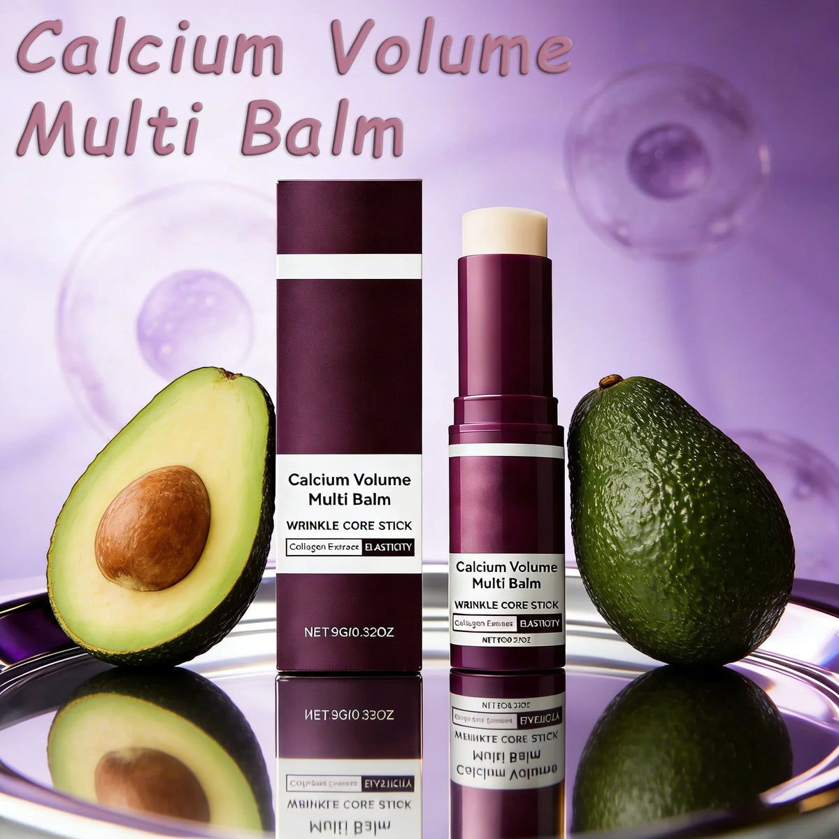 Calcium Volume Multi Balm stick in burgundy tube with white label beside avocado on purple on Tampa Home & Garden Store
