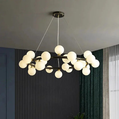 DecorBites LED pendant chandelier with brass ring and frosted glass globes for dining on Tampa Home & Garden Store