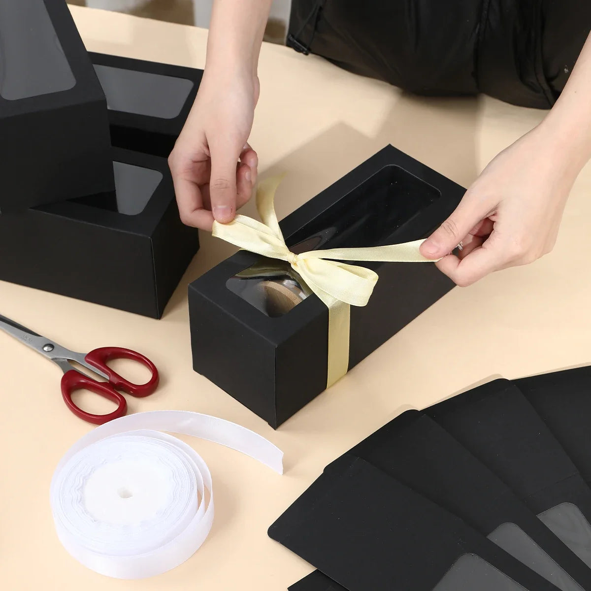 Black glass display gift box with clear window, cream ribbon tied around it, 10pcs set on Tampa Home & Garden Store