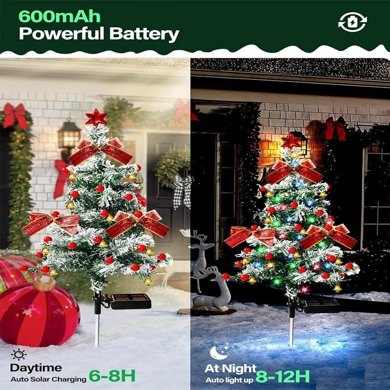 Solar Cedar Christmas Tree Light Decoration with red bows and lights on a stake on Tampa Home & Garden Store